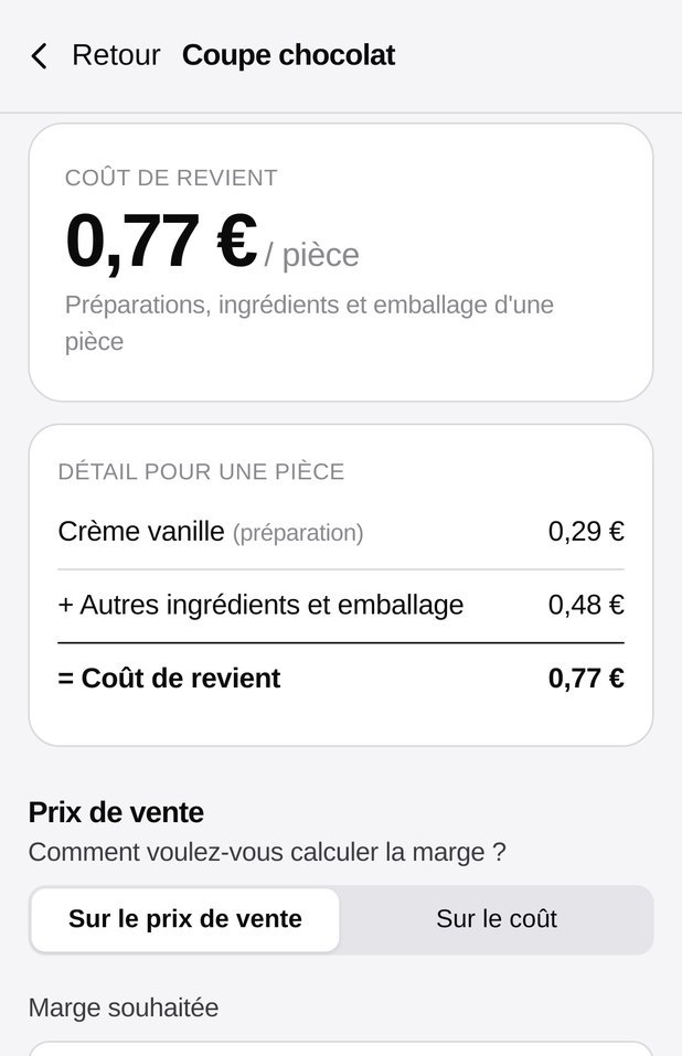 Mizanerie affiche le coût de revient d'une pièce, détaillé entre la préparation et les autres ingrédients