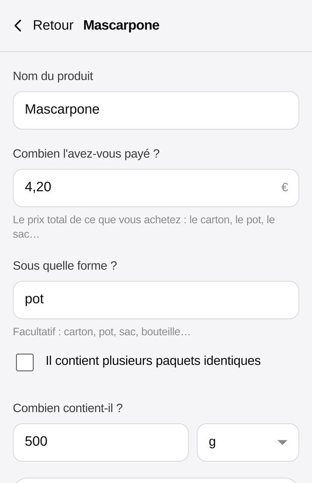 Saisie d'une matière première avec son coût unitaire calculé automatiquement